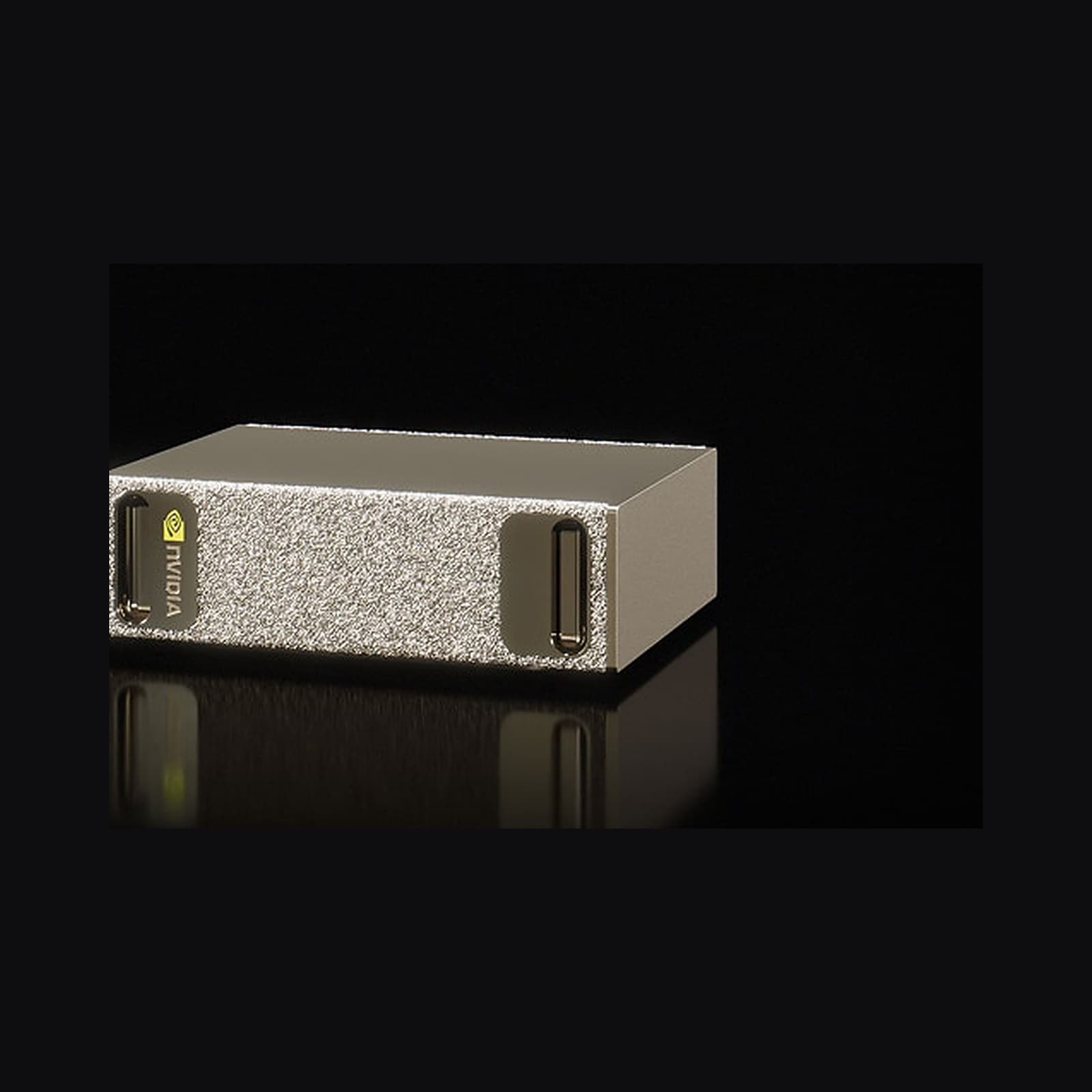 NVIDIA DGX Spark product render, three-quarter view of the champagne textured chassis